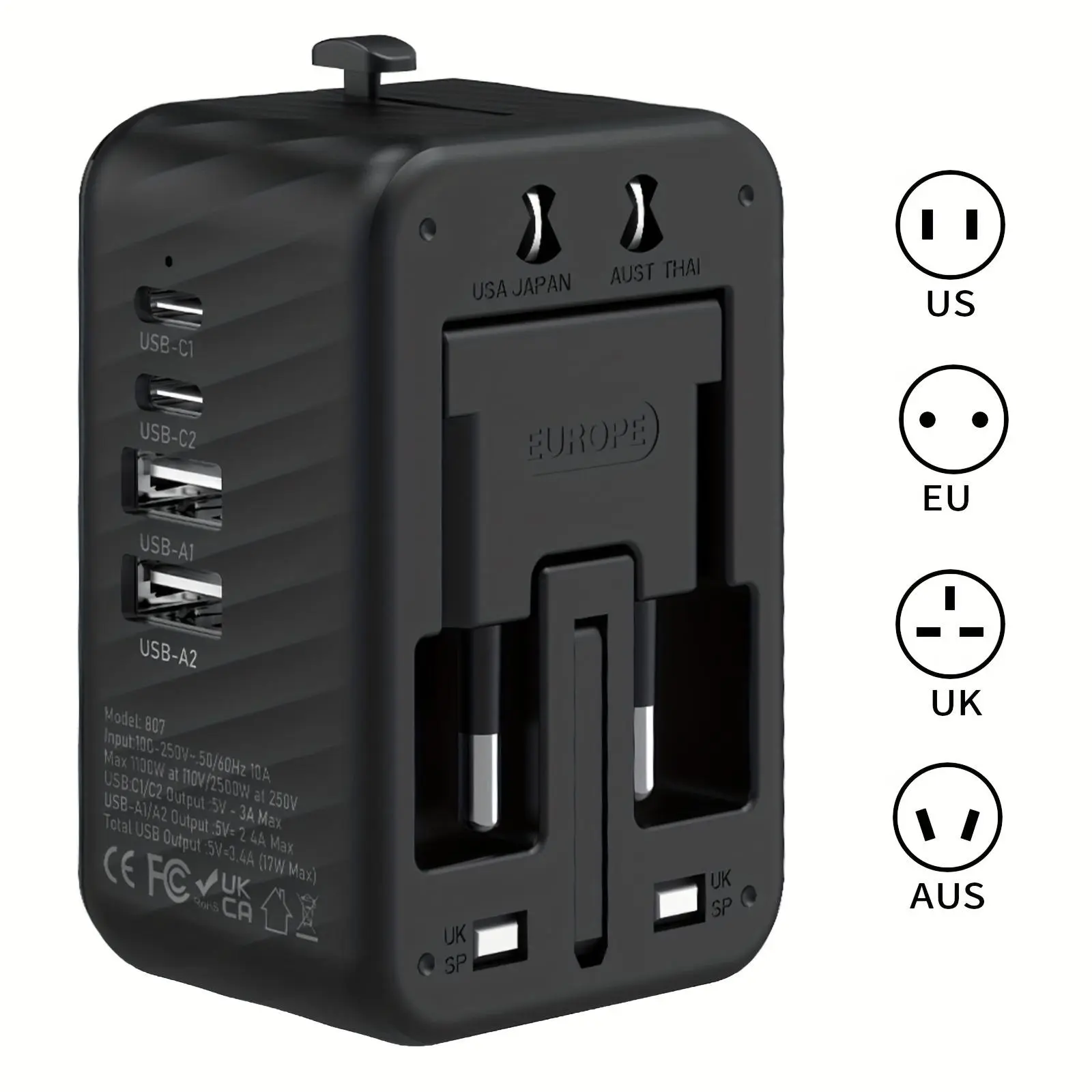 Universal Travel Power Socket Converter - Multi-Region Charger with Dual Outlet Adapters, 4 Ports (2 C-Type Adapters, 2 USB-A), Charging Ports for Europe, Asia, America