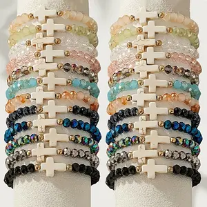 24pcs Bohemian Resin Cross Bracelets - Colorful Elastic Bands with Cross Charms, Suitable for Daily Wear, Vacation & Gift Ideas, Year-Round Stylish for, Parties, Everyday Outfits