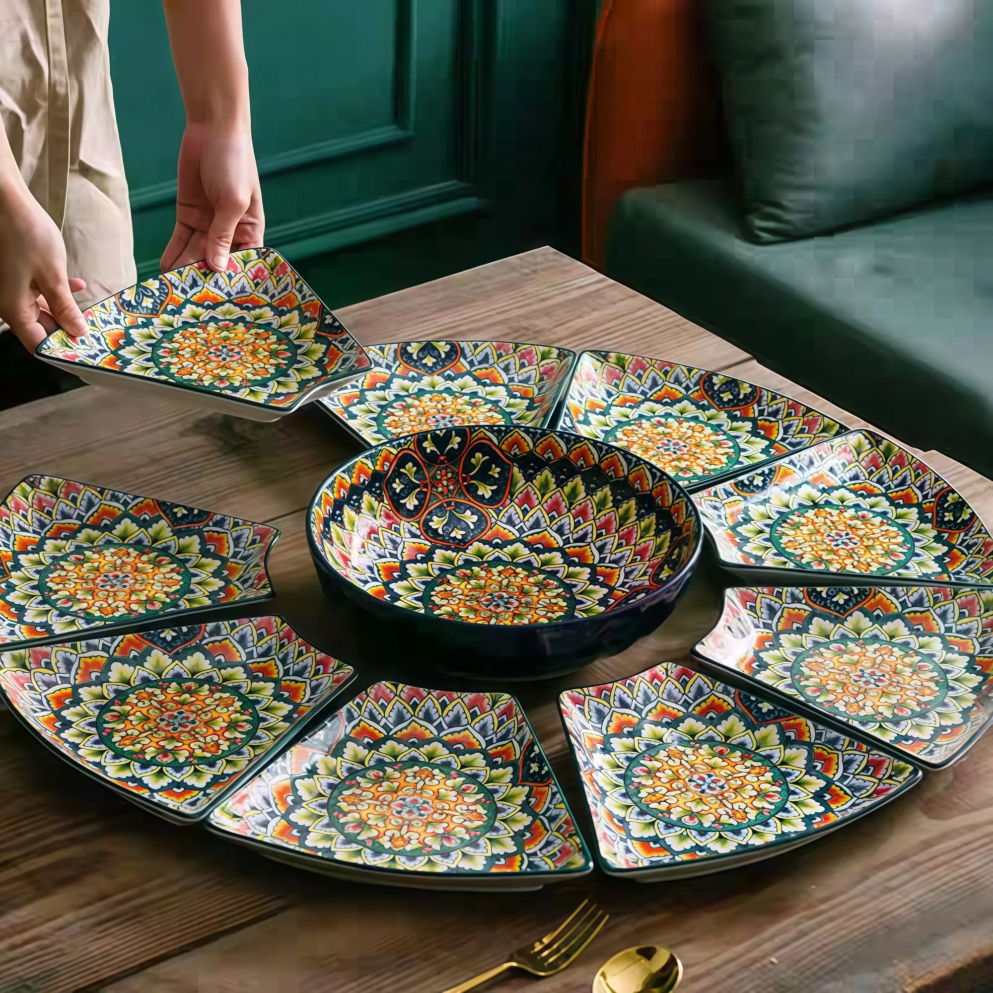 9 Pcs Bohemian Ceramic Divided Serving Platter Set, Mandala Pattern Wavy Snack Tray, Large Round Party Fruit Veggie Charcuterie Tray for Home Dining Entertaining