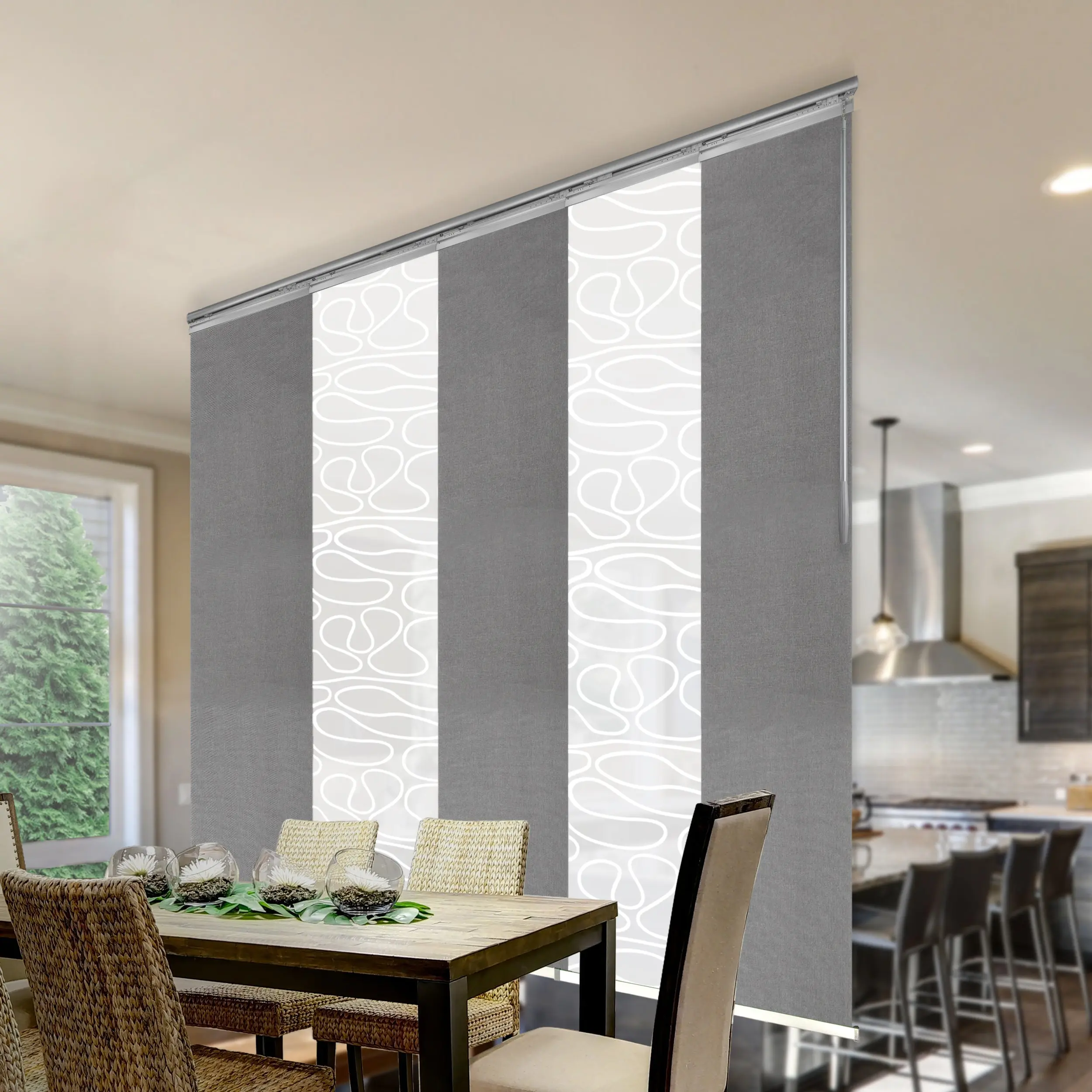 5-Panel Single Rail Panel Track Blind Extendable 58"-110"W x 91.4"H, Panel width 23.5", Whirl White, Woven Gray