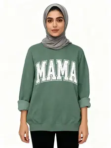 Women's "MAMA" Letter Print Round Neck Long Sleeve Sweatshirt, Casual Crew Neck Pullover For Spring & Fall, Fashion Women's Top For Daily Everyday Wear, Womenswear