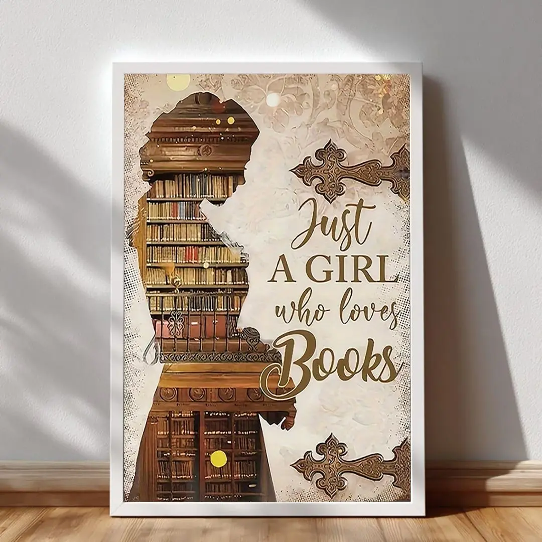 Just a Girl Who Loves Books Poster, Cozy Vintage Bookshelf Wall Art for Book Lovers, Reading Nook Decor for Bedroom, Library, and Dorm