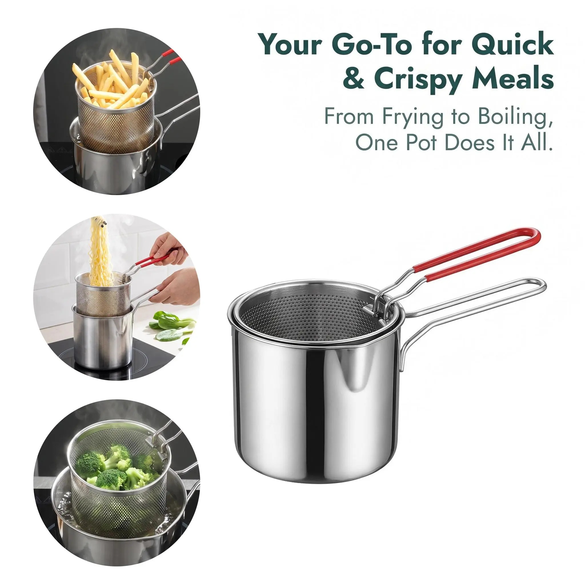 304 Stainless Steel Cylindrical Small Kitchen Deep Frying Pot Set - Removable Mesh Strainer Basket, Grease Sep. Design, Cool-Touch Grip for Safe Home Cooking