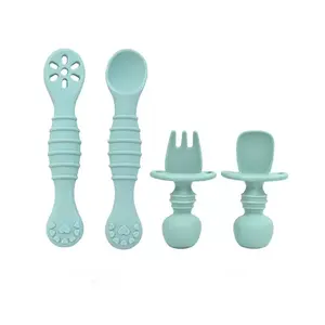Baby Training feeder Fork & Spoon Textured Set,4 Counts/set Silicone Baby Feeding Utensils, solid weaning food feeder spoon, Newborn Feeding Accessories