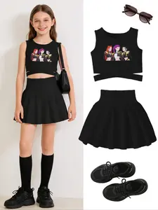 Youth Girls Sportswear Set, Kids Girls Clothing, Criss-Cross Cut-Out Vest & Skirt Combo, Creative Anime Kpop Print Design, Summer Outdoor Activities, Sporty Style Clothes