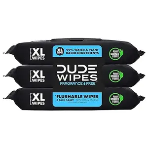 DUDE Wipes - Flushable Wipes - 3 Pack, 144 Wipes - Unscented Extra-Large Adult Wet Wipes - Vitamin-E & Aloe - Septic and Sewer Safe