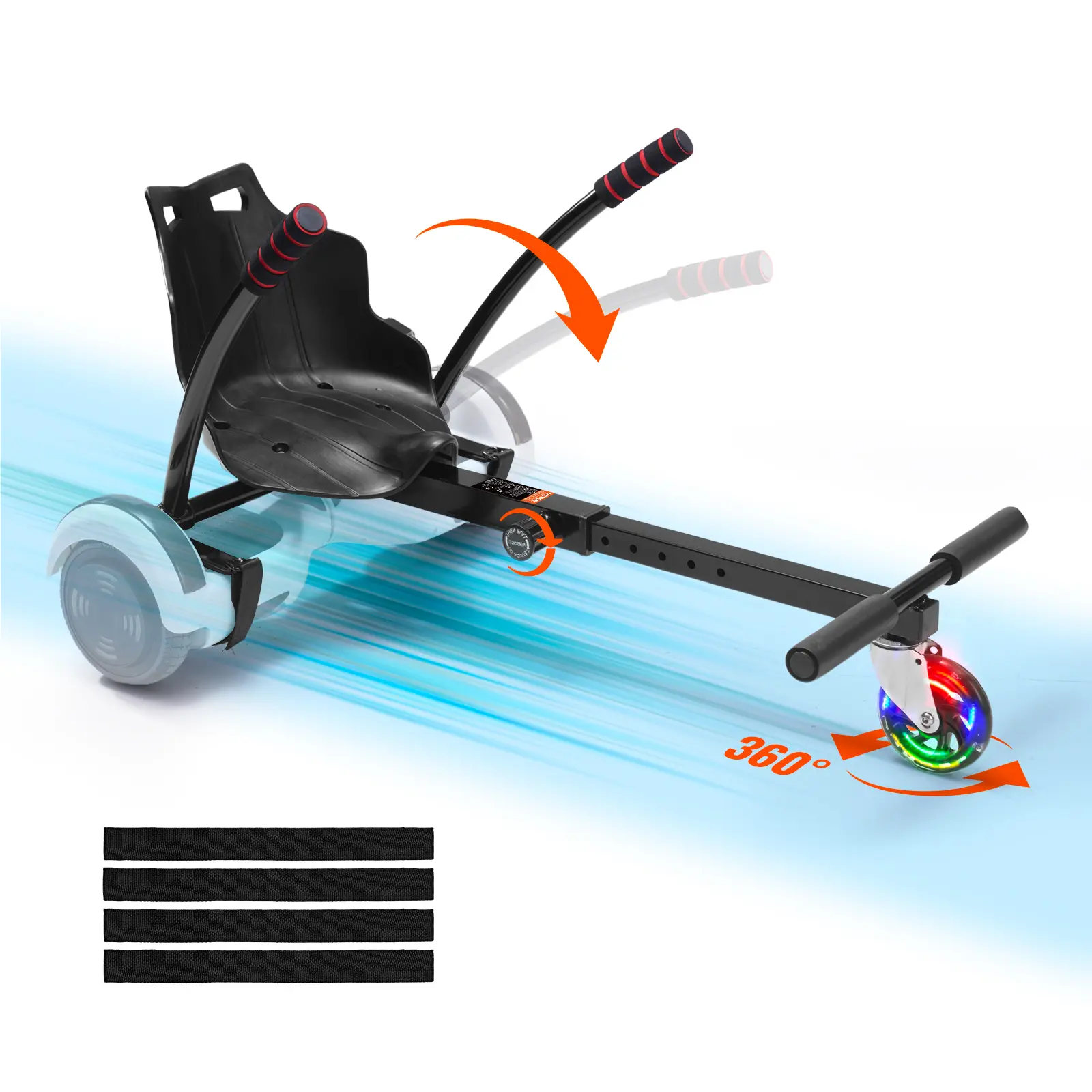 Spring New Arrival Hoverboard Seat Attachment with Rotating Wheels - Fits 6.5" 8" 8.5" 10" Hoverboards, LED Lights, Grip Controls, Adjustable Frame Length, 220 LBS Load Capacity - Hover Board Go Kart Accessory for Kids
