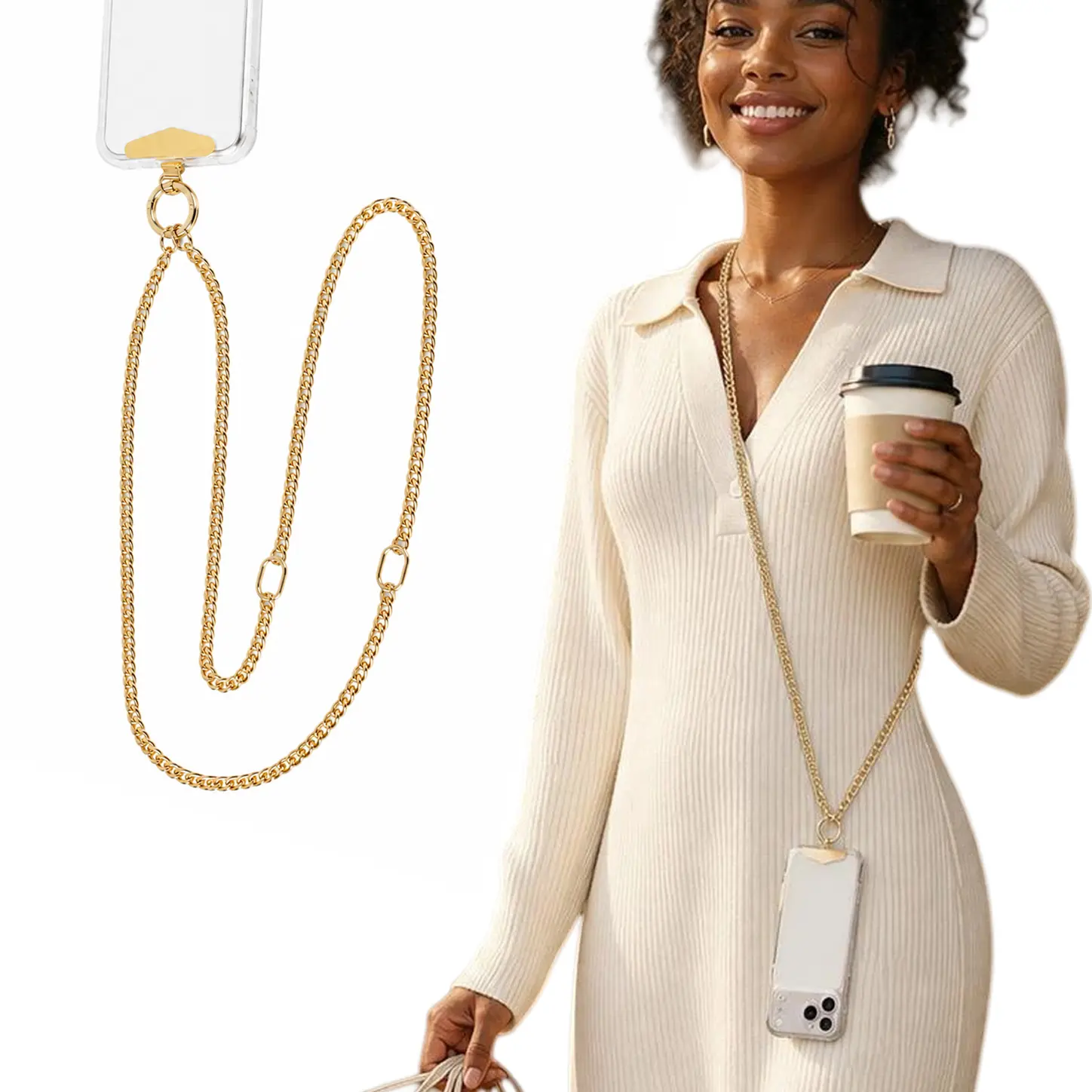 Gold Adjustable Metal Crossbody Phone Strap, Thin Gold Chain Cell Phone Lanyard with Tether Tab, Detachable Anti-Lost Shoulder Chain for All Phone Cases Women Trendy Accessory