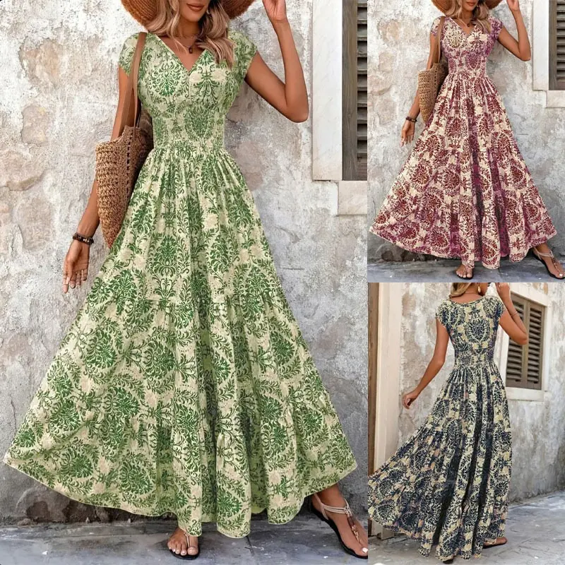 Vintage Printed Dress and V-Neck Short Sleeve Long Dress Women's Boho Print Shirred V Neck Dress