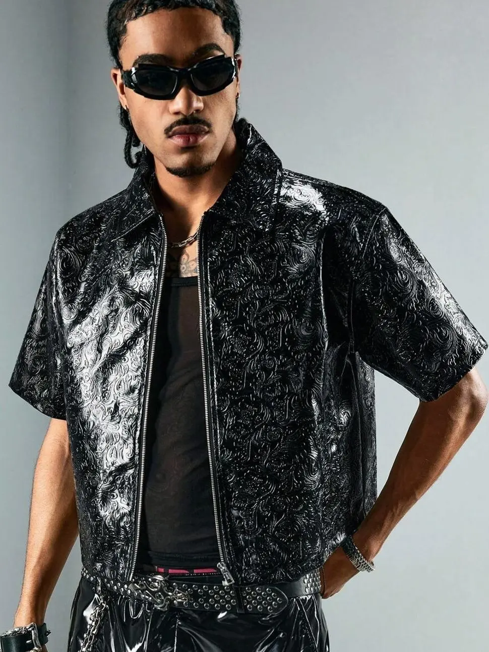 Y2k shirts - Men’s Short Sleeve PU Leather Shirt, Textured Zip-Front Button-Up, Y2K Summer Streetwear & Going Out Top trendy shirts summer clothing trending clothing trending clothes summer clothes summer men clothes vacation outfits summer outfits