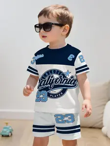 Creative Blue Block Kids Sports Set, Number 23 Athletic 3D Print Design, Short Sleeve Hoodie & Shorts, Comfortable Fabric, Perfect Gift