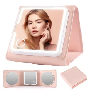 LED portable double sided mirror,Make up mirror with LED lights,Light up Pocket Mirror Rechargeable,Brightness Dimmable,Portable for Handbag,Pink