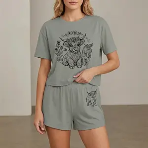 Women's Cows & Flowers Print Pajama Set, Soft Short Sleeve Top & Elastic Waist Shorts, Comfy Animal Pattern Sleepwear for All Seasons