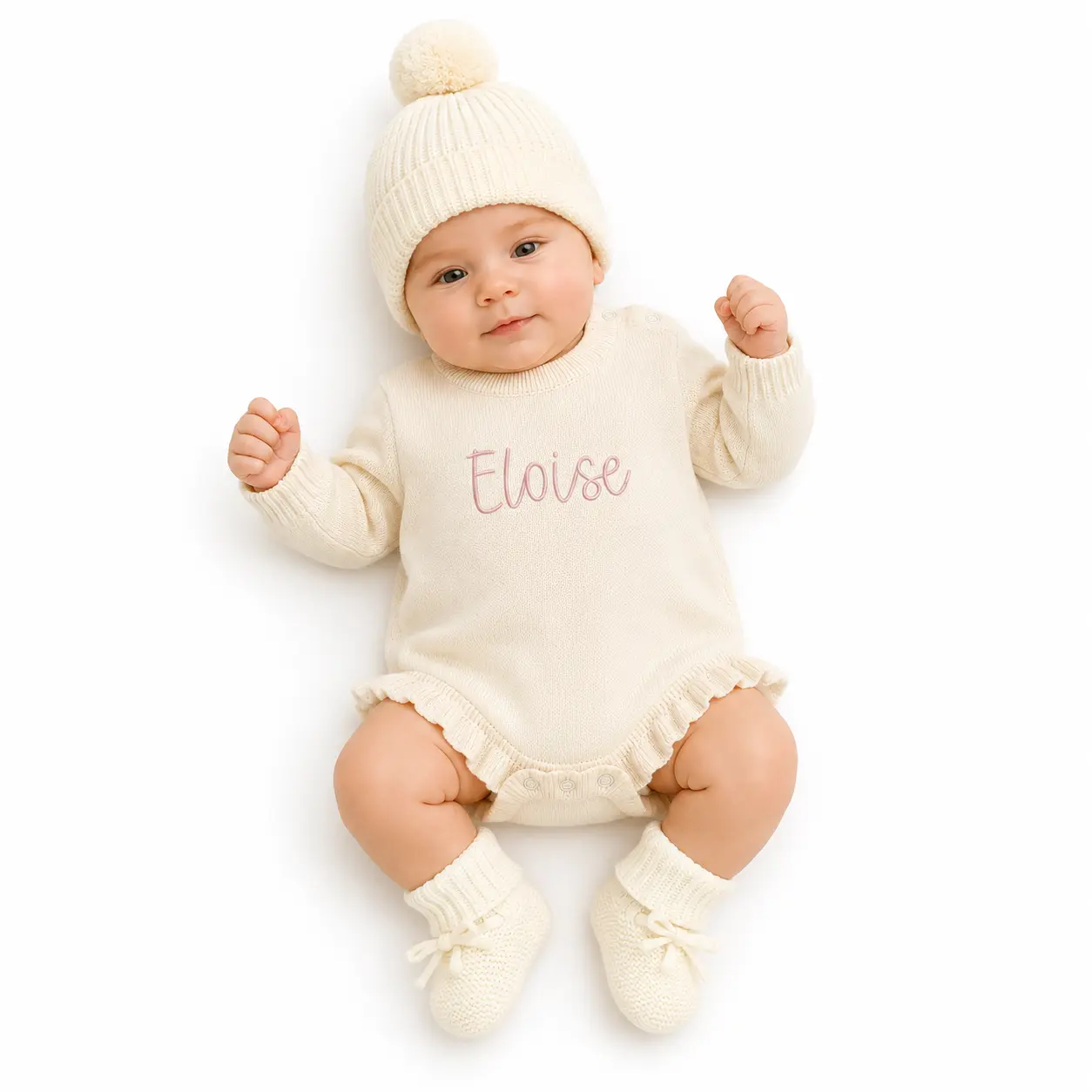 Swaddle and Nest Personalized Knitted Newborn Romper Bundle, Embroidered Baby Coming Home Outfit with Hat or Bow & Booties, Gift Set