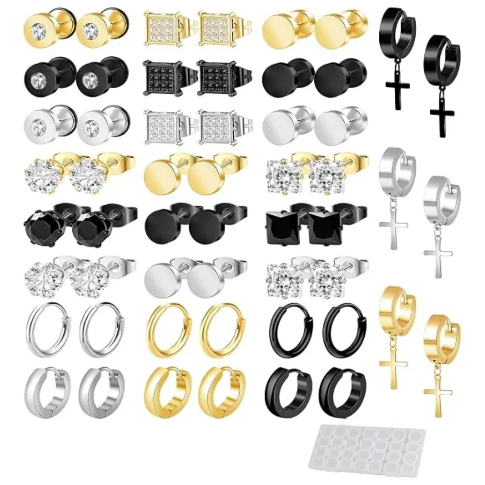 27 Pairs Stainless Steel Earrings for Men Hypoallergenic Inlaid Cubic Zirconia Studs Hoop Earring Cross Dangle Earrings Unisex Punk Stud Earring for Women Men