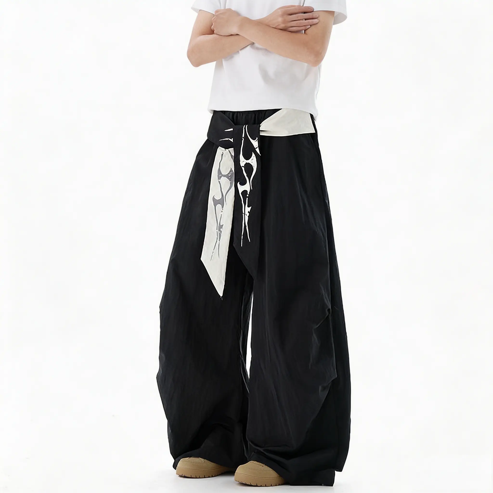 Unisex Abstract Print Sash Tie Wide Leg Cargo Pants Elastic Drawstring Waist Ruched Knee Drawstring Hem Baggy Y2K Techwear Streetwear Casual Trousers