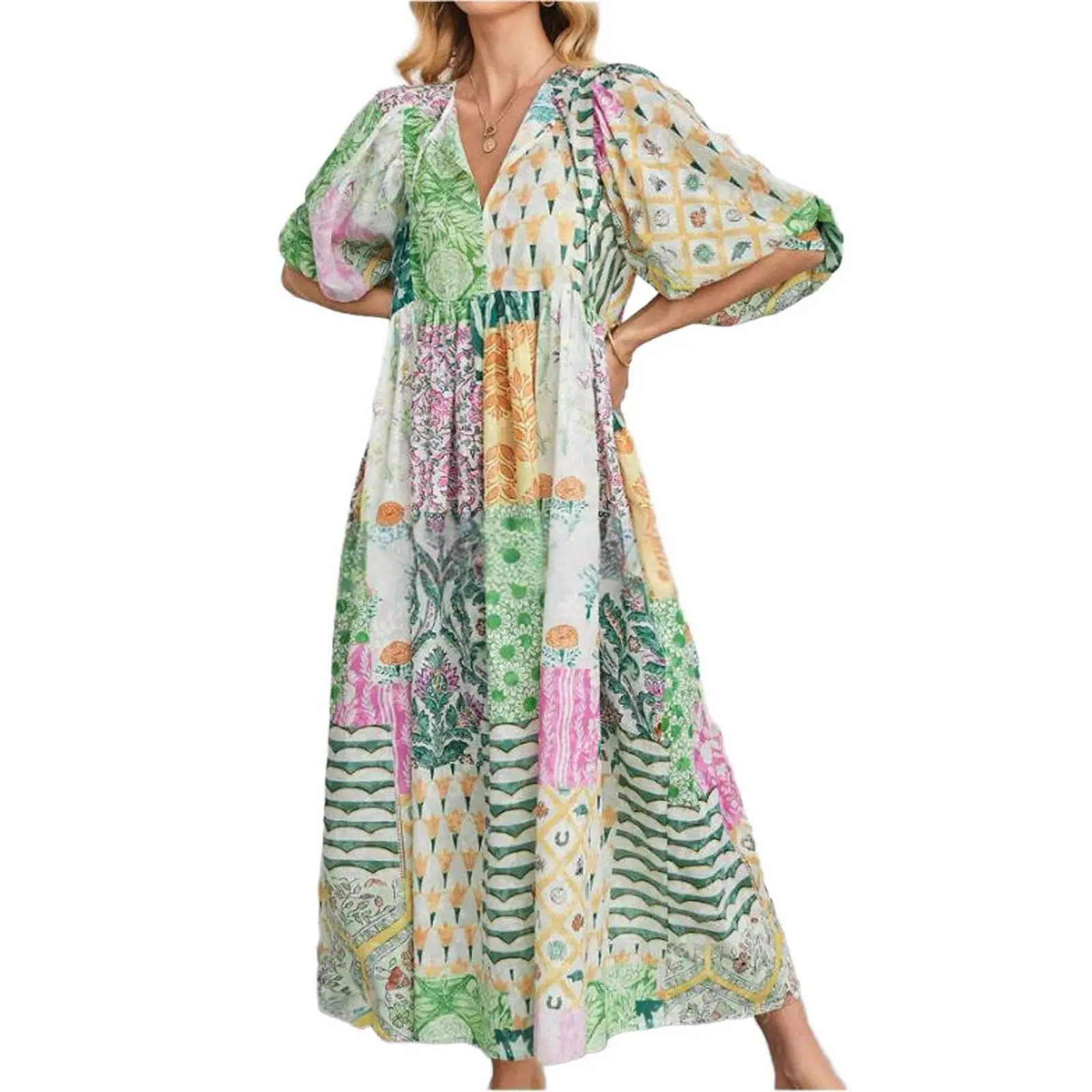 CHARTOU Women's Boho Floral Printed High-Waisted Pullover Maternity Dress - Summer Lantern Half-Sleeve, Patchwork, Knot Detail, Beach Flowy Loose Swing Sundress, Casual, Bohemian, Flower, Colorful, Lightweight, Pleated, Going Out, Birthday