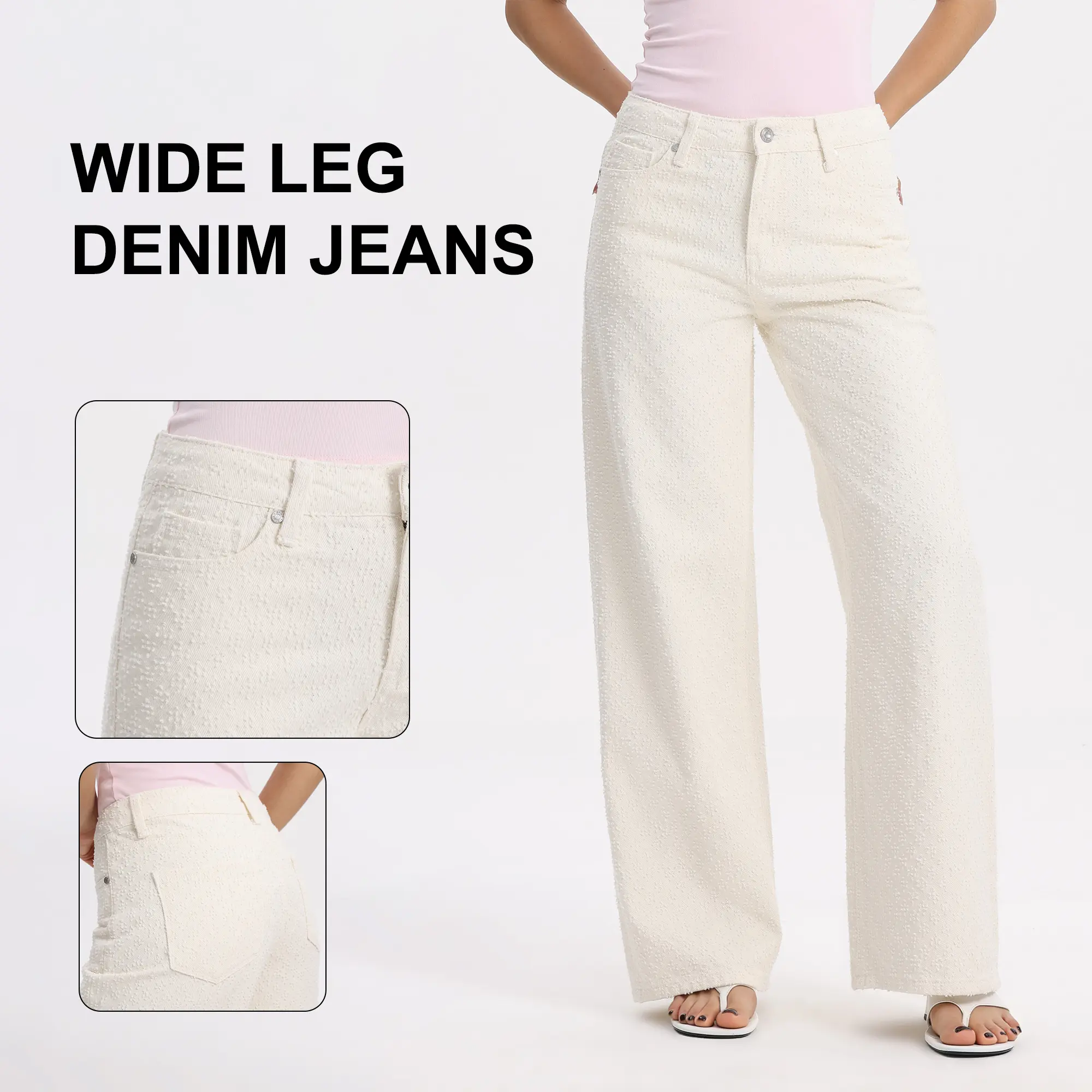 ONESO Women's white Sequin Texture Wide Leg Pants High Rise Trousers Sequin Like Texture Bottoms Classic Zipper Closure Stylish Minimalist Fashion Everyday Casual Style #SummerVibes
