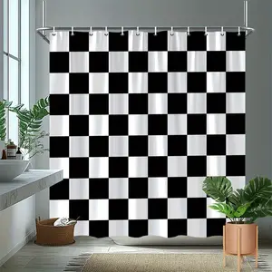Modern Black and White Checkerboard Pattern Shower Curtain, Geometric Abstract Art Design, Durable Polyester Fabric, Machine Washable, with 12 Hooks for Easy Installation, Stylish Bathroom Decor,Housewarming Gift