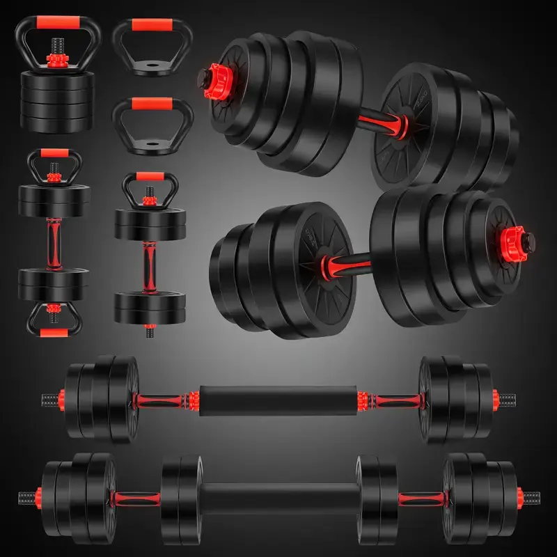 ROCKRAF 66LB-Red 4 in 1 Adjustable Dumbbell Set with Connecting Rod Used as Barbell, Kettlebells, Push up Stand, Fitness Exercises for Home Gym, Orange - 20/30/50/66/70 Pounds