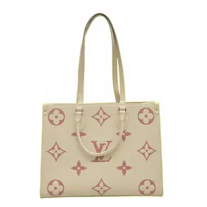 Pre-owned Louis Vuitton canvas Shoulder Bags $3500 Rose Trianon/Creme Monogram Giant Empreinte Leather Onthego MM Bag