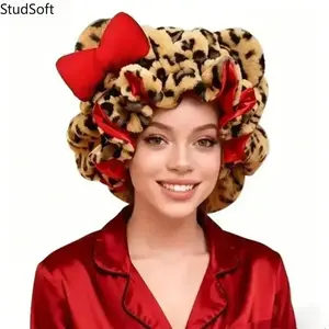 Leopard Print Teddy Bear Bonnet Satin-Lined Adjustable Sleep Cap for Women's Night Hair Care with 3D Teddy Bear Shape and Pink Bow