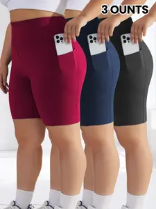 Women's Plus Size Summer Shorts Set, High Waist Tight Fit, High Elastic Comfort Fabric, Side Pockets, Simple Yoga Fitness Shorts, 3 Piece Combo, High Stretch Shorts