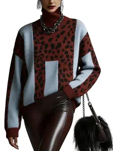 Women's Colorful Leopard Print Turtleneck Pullover Sweater Long Sleeve, Lazy Style Knitwear, Thick Spring Outer Wear, Loose Vintage Top for Women