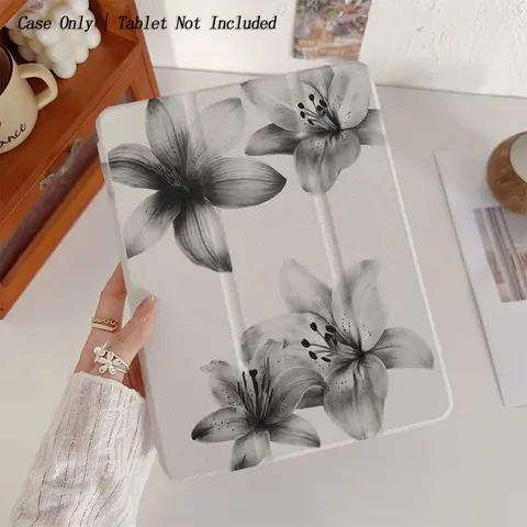 TPU Leather Folding Tablet Casing with Anti-Slip Surface, Ink Painting Floral Lily Pattern, Adjustable Stand, Stylus Holder - No Extra Bulk Protection for Samsung, iPad Mini, Air, Pro, 10th/11th Gen & More Models