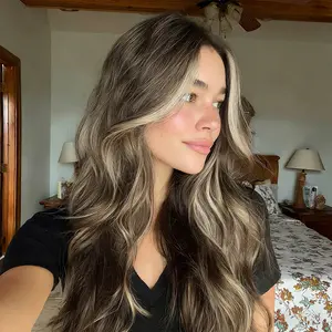 Brown with White Highlights Wavy Wig – Long Natural Look Synthetic Wig for Women