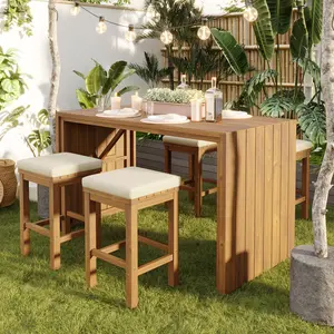 5 Piece Outdoor Bar Set, Patio Acacia Wood Bar Height Table  Four Stools with Cushions, Wood Dining Bar Set for Backyard, Poolside, Balcony, Beige