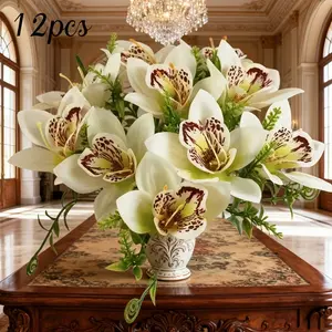 12-Piece Silk Orchid Arrangement, Handmade Artificial Flowers for Weddings & Engagements, Multifunctional Home Decor for Various Occasions