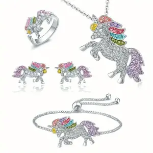 Colorful Cartoon-Themed Unicorn Earrings, Necklace, Ring & Bracelet Jewelry Set