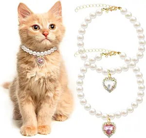 Tyqour 2pcs Cute Girl Cat Collar, Pearl Cat Dog Collar with Small Heart Shape Rhinestone for Small Dogs and Cats Adjustable Fancy Dog Pearl Necklace Collars, Pink Heart + White Heart