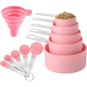 10 Pieces Measuring Cups and Spoons Set, Pink Stackable Kitchen Measuring Set with Stainless Steel Handles for Dry and Liquid Ingredients, Baking, Cooking, Meal Prep, Apartment Kitchen and Daily Kitchen Gadgets