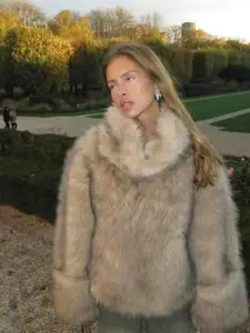 Women's Faux Fur Hoodie, High Neck Loose Fit Pullover, Fall Winter Casual Warm Sweater, Eco-Friendly Material, New Arrival