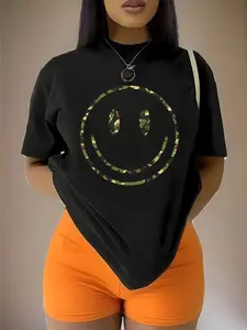 Plus Size Women's Camouflage joyful Face Print T-Shirt - Soft Stretchy Polyester Casual Short Sleeve Round Neck Top, Machine Washable Spring Summer Casual Attire, Black, Ladies T Shirts, Fashion Statement Tee, Comfortable Fit Tee