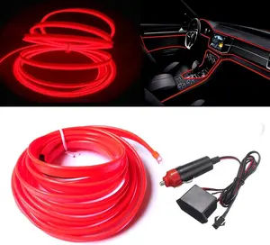 Red LED Neon Car Interior Lighting Strip   Meter Flexible V EL Wire with Builtin Fuse Protection for Automotive Interior Customization, Featuring mm Sewing Trim for Easy Installation.