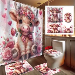 1/4pcs Valentine'S Day Rose And Cow Print Shower Curtain Set, Bathroom Set Includes 2D Flat Printed Shower Curtain, Non-Slip, Toilet Seat Cover, 12 Plastic Hooks, Bathroom Accessories, Home Decor, Bathroom Decoration Accessories - YLTZ-YLTZ