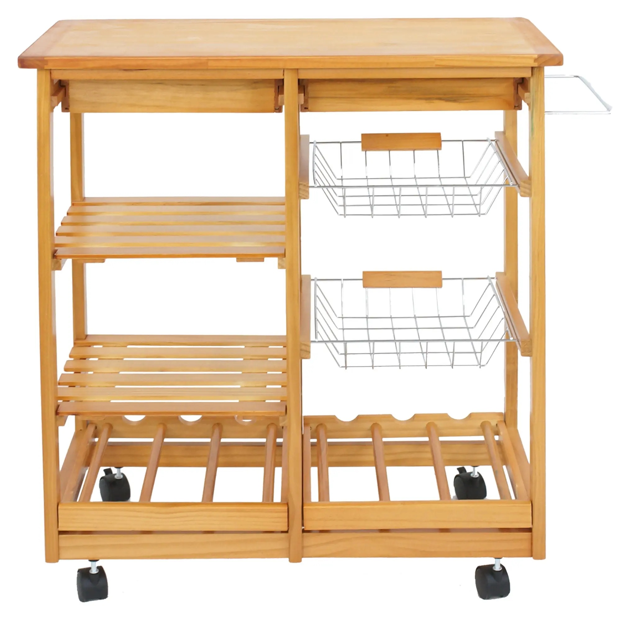 Pine Wood Multifunctional Kitchen Cart Island - Rolling Stainless Steel Base, 3-Layer Divided Organizer Utility Cart, Ready-to-Assemble, 3-Tier Storage with Drawers, Baskets, Rack, Fruit Holder, Utensils Holder for Home Kitchen Organizing