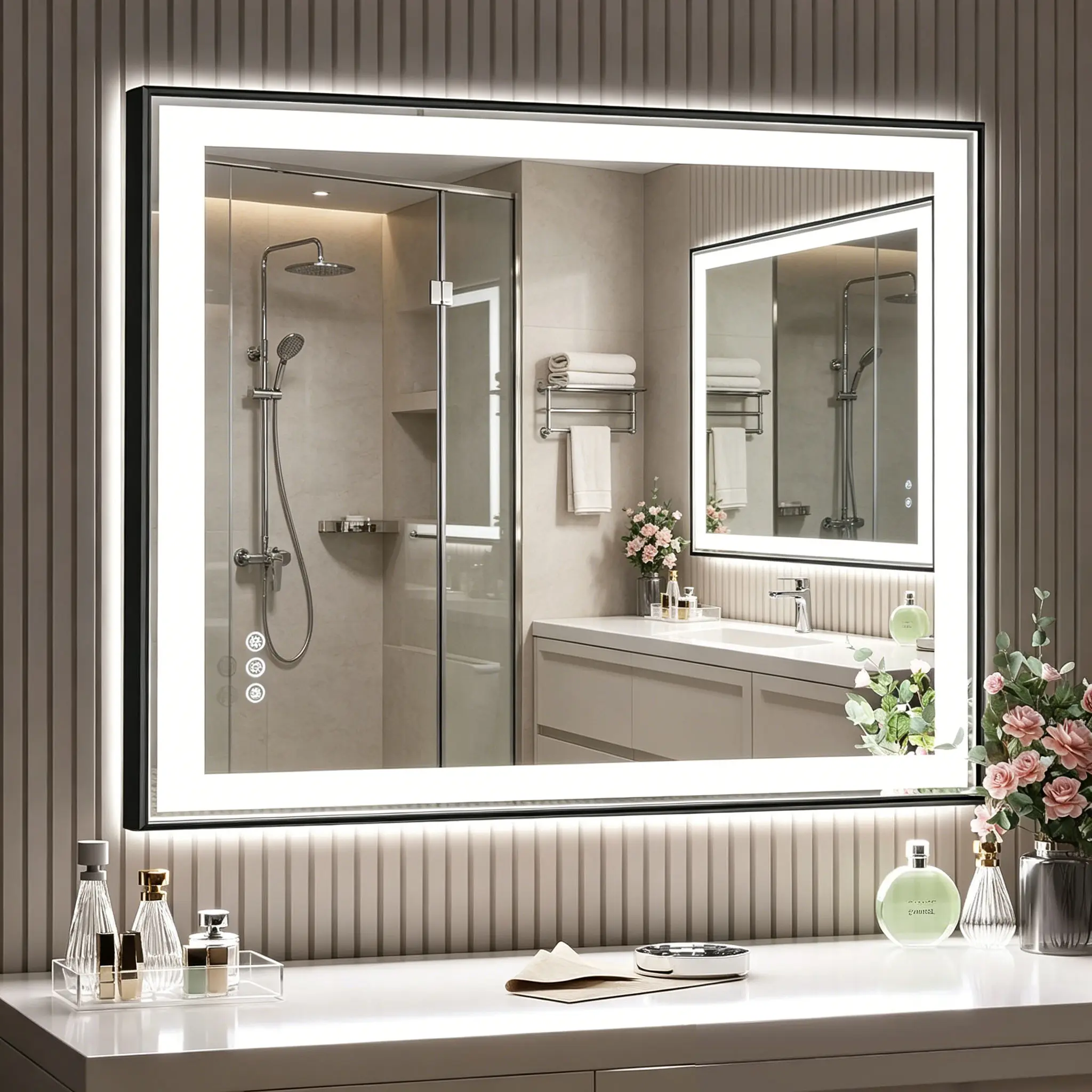28"x36" Black Frame Front Lit LED Bathroom Mirror | 3 Color Dimmable, Anti-Fog Memory Wall Mount Vanity Mirror