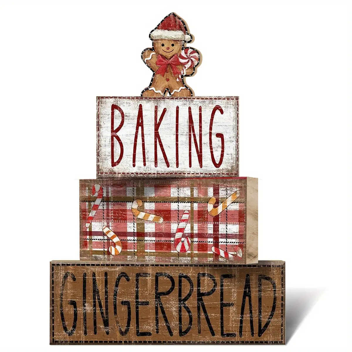 4 pcs Christmas Table Centerpiece Rustic Decorative, Tiered Tray Decor, Nativity Scene Wooden Decoration, Funny Gingerbread Christmas Sign, Block Signs Gift Farmhouse Winter Table Decoration for Home Kitchen