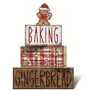 4 pcs Christmas Table Centerpiece Rustic Decorative, Tiered Tray Decor, Nativity Scene Wooden Decoration, Funny Gingerbread Christmas Sign, Block Signs Gift Farmhouse Winter Table Decoration for Home Kitchen