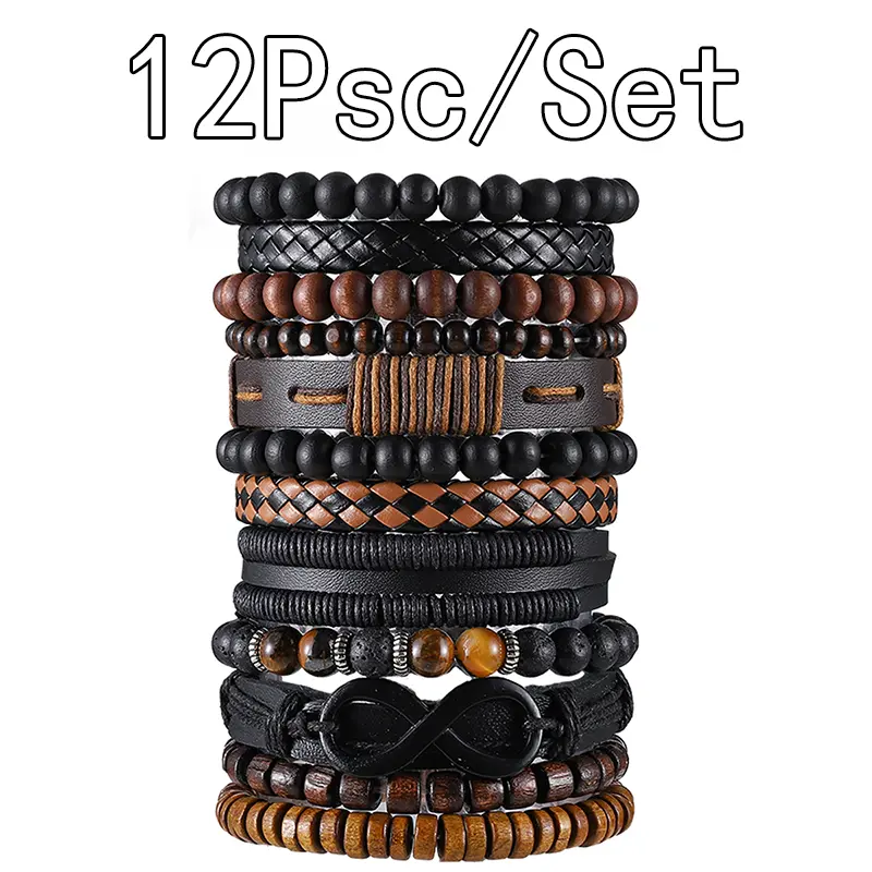 12Pcs Braided Leather Bracelets for Men Women，Bohemian Style Bracelet Jewelry，Stretch Wristbands Bracelets Set Size Adjustable