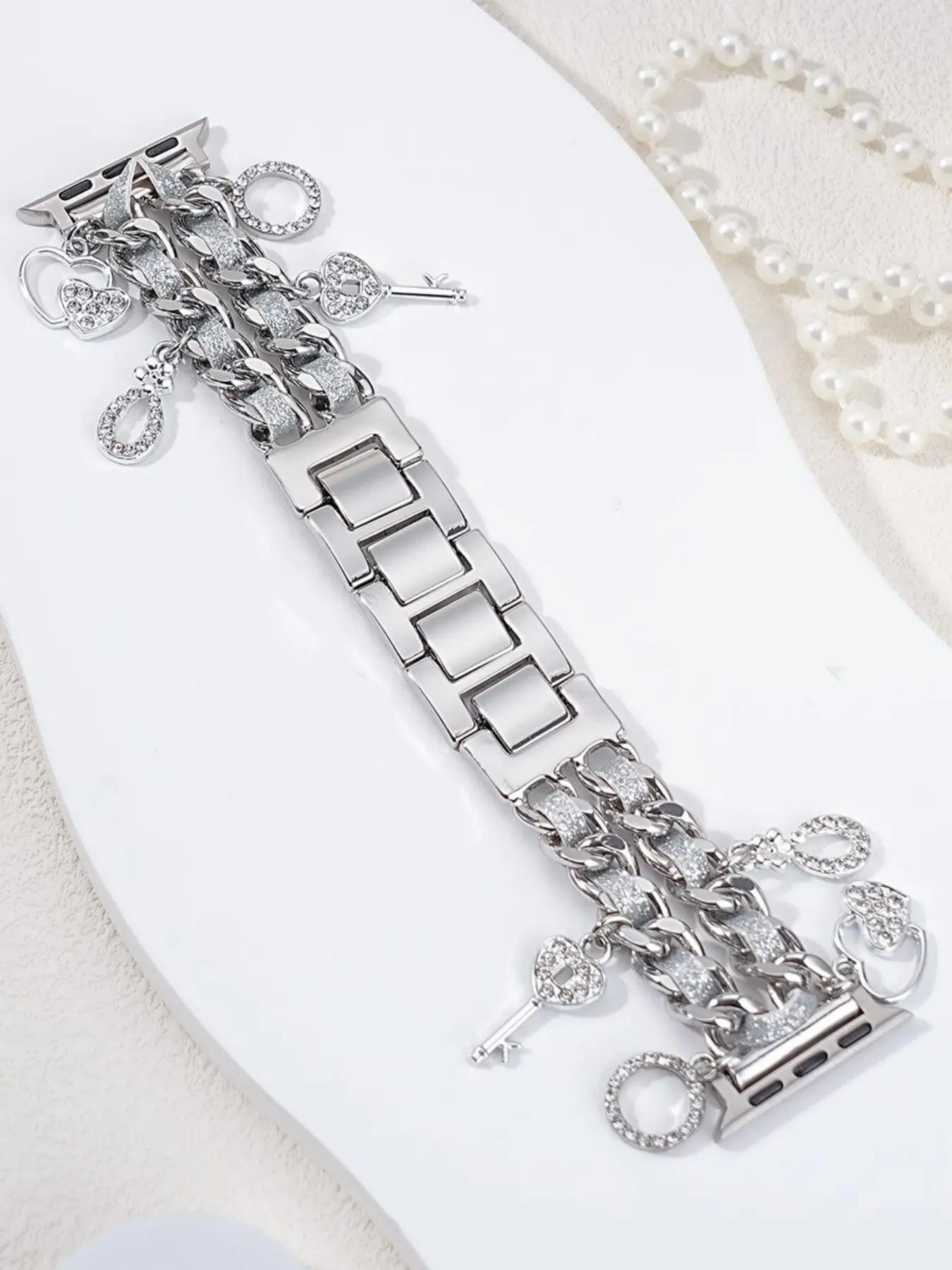 Elegant Silver Color Keychain Decor Women Watch Band Compatible with Apple Watch Iwatch Series 1-10 (band Only), Casual Style