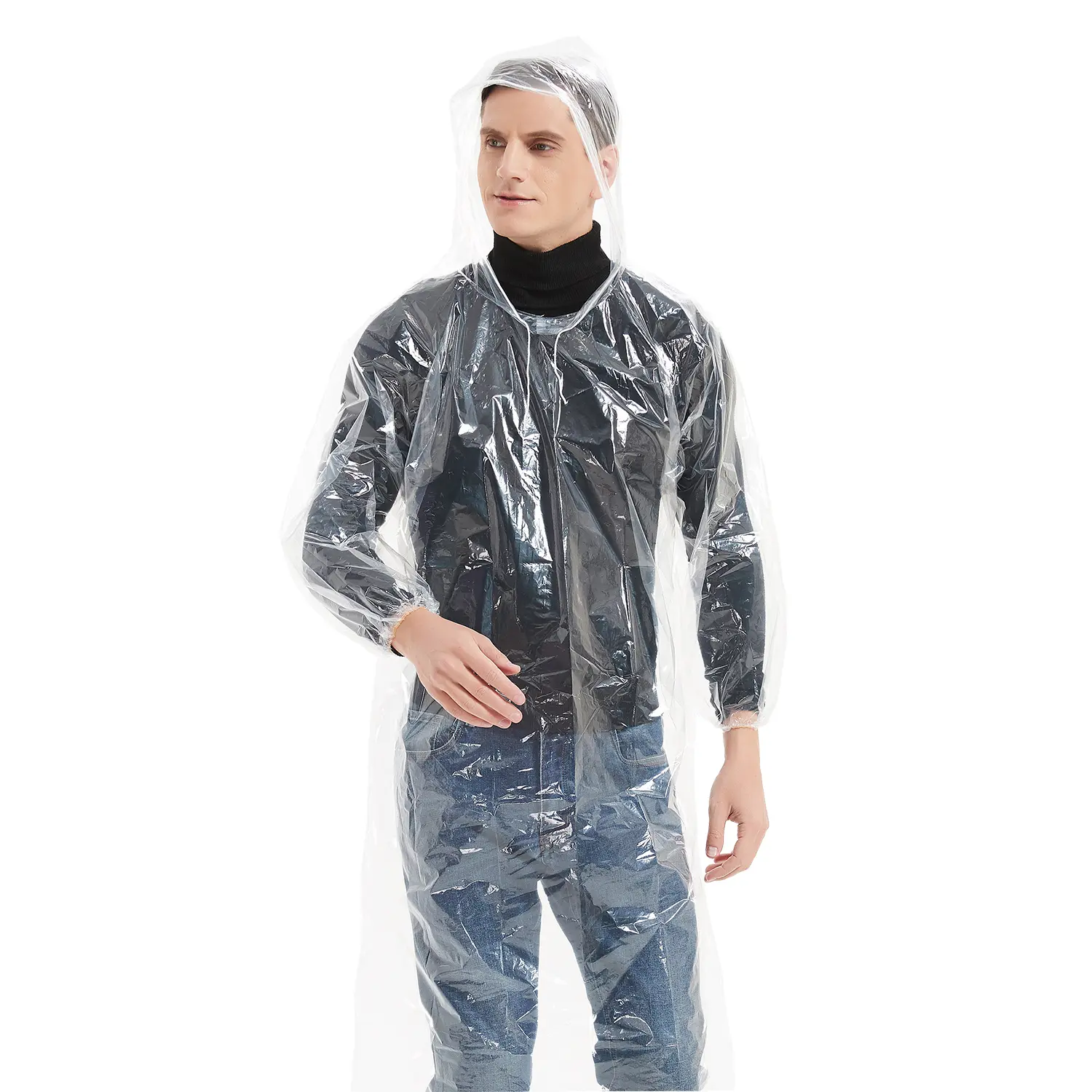 ProtectX 5 Pack Premium Disposable Rain Ponchos with Elastic Cuffs and Drawstring Hood Clear - Perfect for Rainy Days