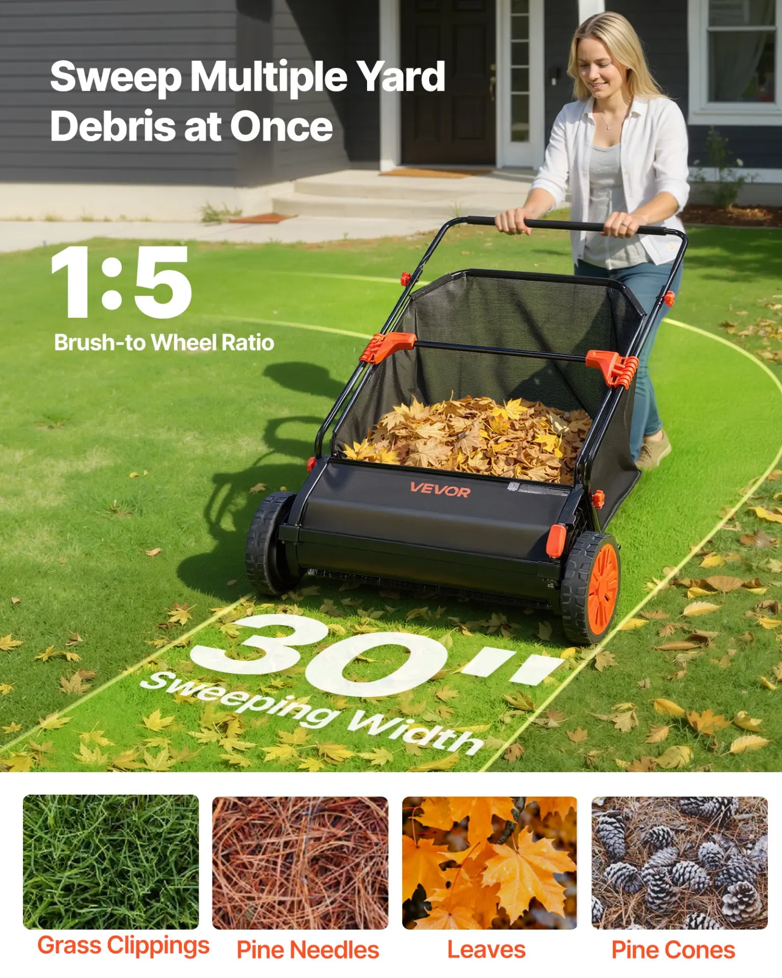VEVOR 30" Push Lawn Sweeper & 12 cu. ft Hopper Bag – Leaf & Grass Collector