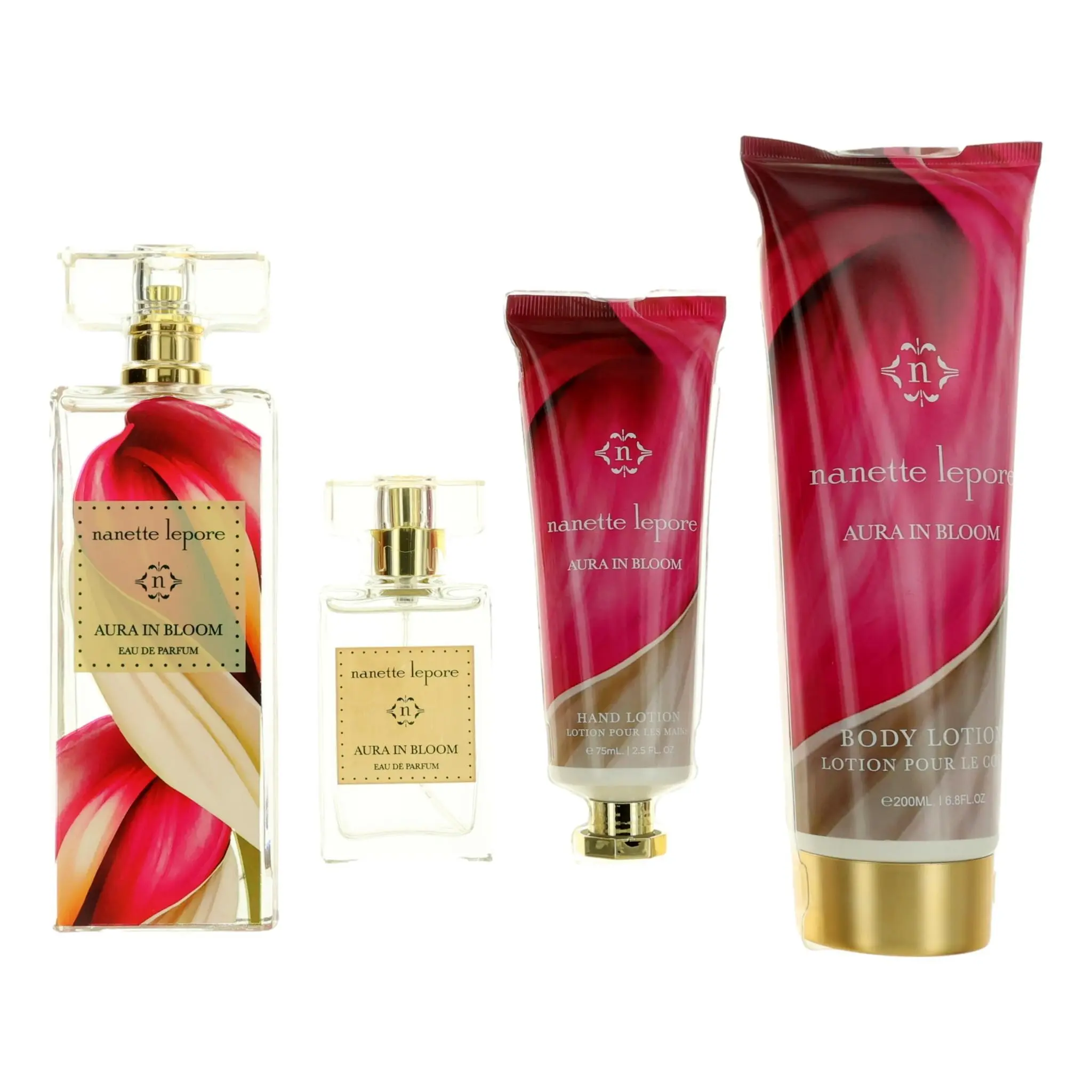 Aura In Bloom by Nanette Lepore, 4 Piece Gift Set for Women, Moisturizer, Fragrance Sets, Cashmere Musk, Body Care, Hand Lotion, Edp Spray, Liquid, Honeycrisp Pear, Adults, Four Pieces