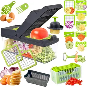 Vegetable Chopper 15 in 1- Multifunctional Food Chopper with 7 Blades- Mandoline Slicer, Dicer,, Peeler & Grater for Onion,, Salad, Carrot, Garlic with Drain Basket & Container