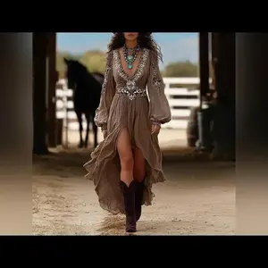 Women's Patchwork V-Neck Dress With Puff Sleeves & Asymmetric Hem, Western Style Flowy Boho Long Dress For Spring Fall